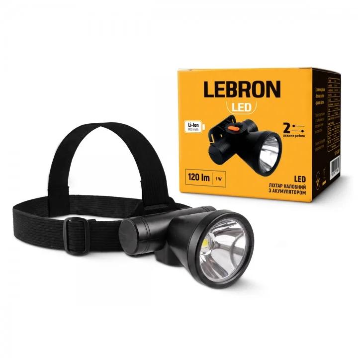 LED ліхтар налобний акумуляторний LEBRON L-HL-608, ABS, чорний, 1W, 800mAh Li-Ion