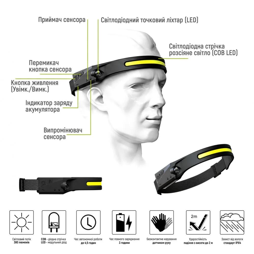 LED ліхтар налобний LEBRON L-HL-10157, ABS+силікон, 3W, 6500K, Li-Ion 1200mAh, чорний, шнур USB