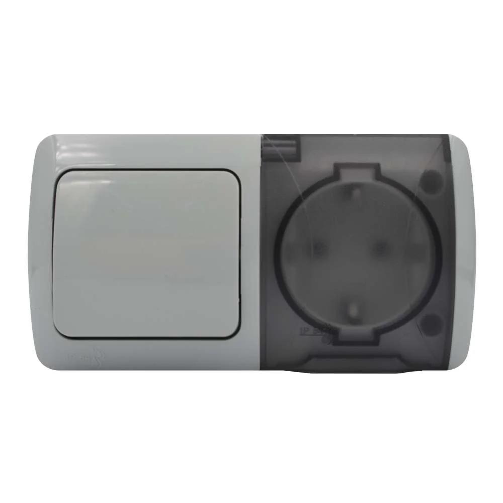 Вимикач EL-BI EVA сірий 1кл + Розетка з заземленням з кришкою IP54 (554-011500-920)