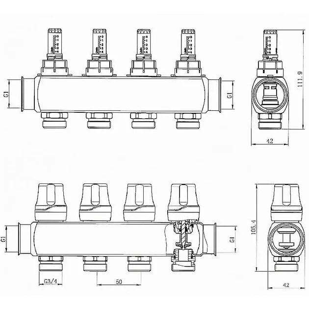 Колектор теплої підлоги RAFTEC RC03-04 4-контурний з витратомірами