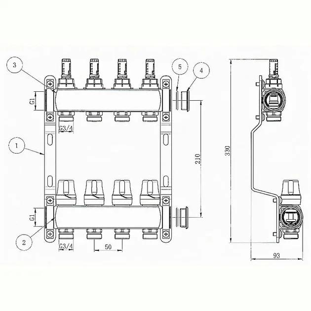 Колектор теплої підлоги RAFTEC RC03-04 4-контурний з витратомірами